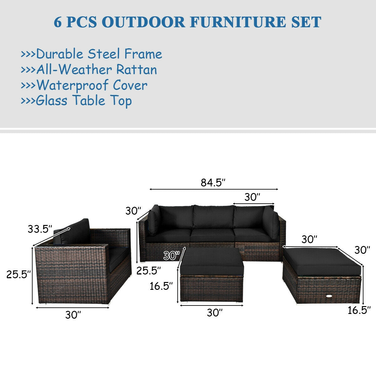 6 Pcs Patio Rattan Furniture Set with Sectional Cushion