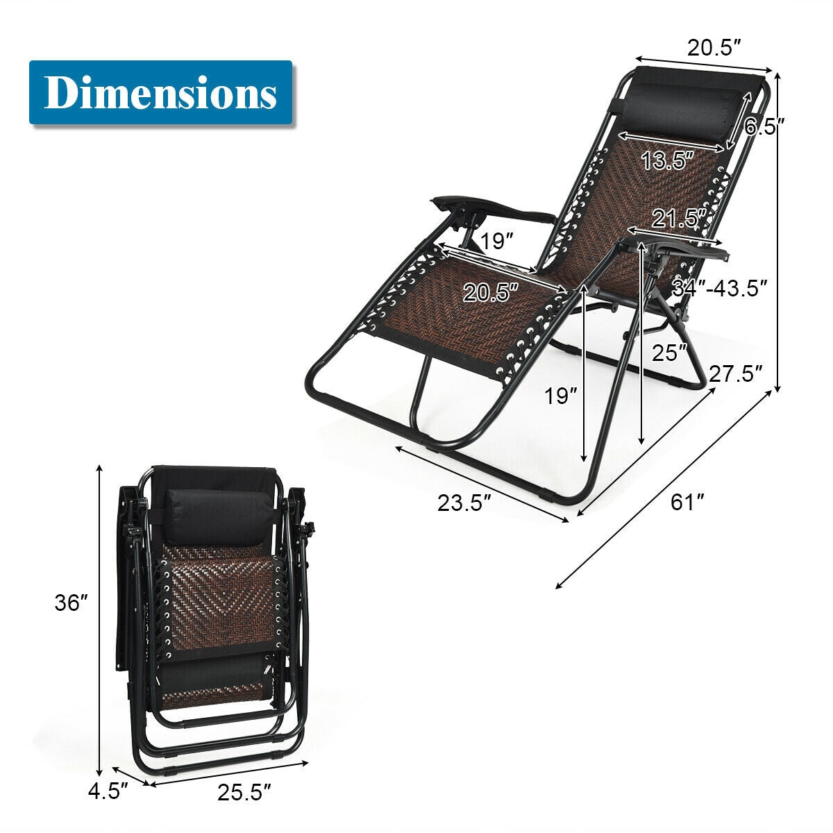Folding Zero Gravity Lounge Chair Set - 2 Piece Rattan