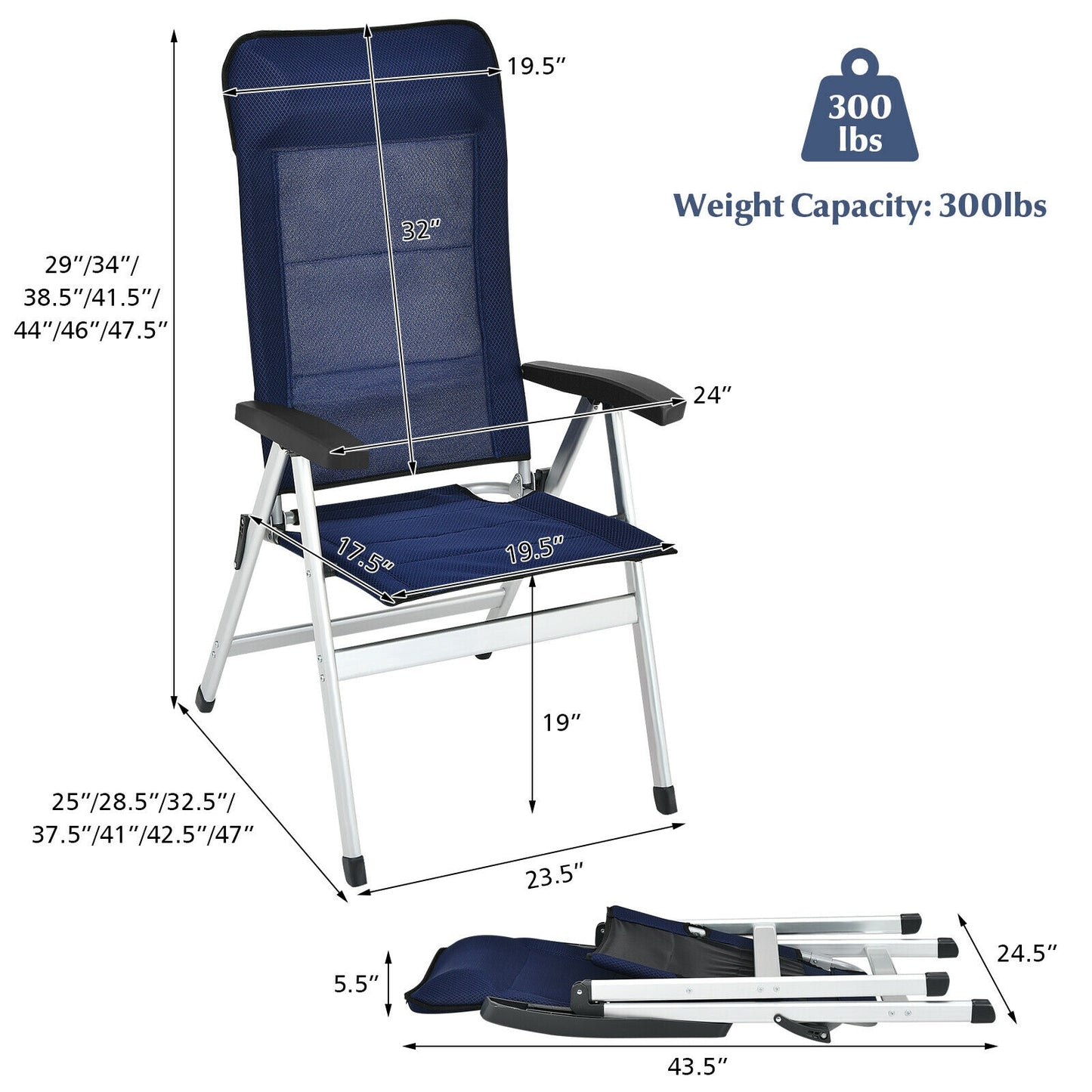 Patio Dining Chair Set with 7-Position Adjustable Backrest