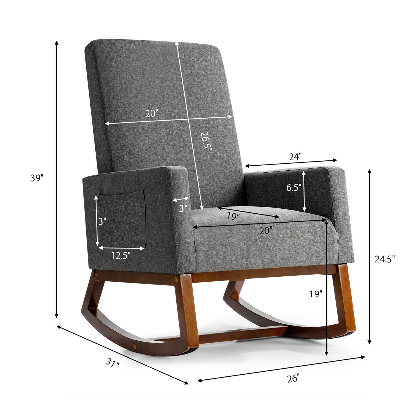 Upholstered Rocking Chair with Side Pocket and High Back