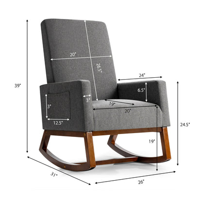 Upholstered Rocking Chair with Side Pocket and High Back