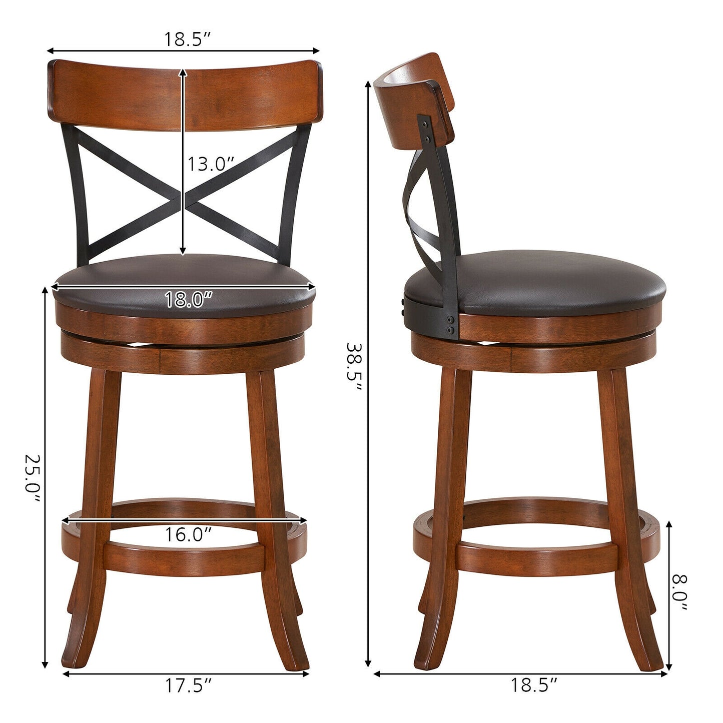 Swivel Bar Stools Set of 2 with Rubber Wood Legs - 360° Rotation