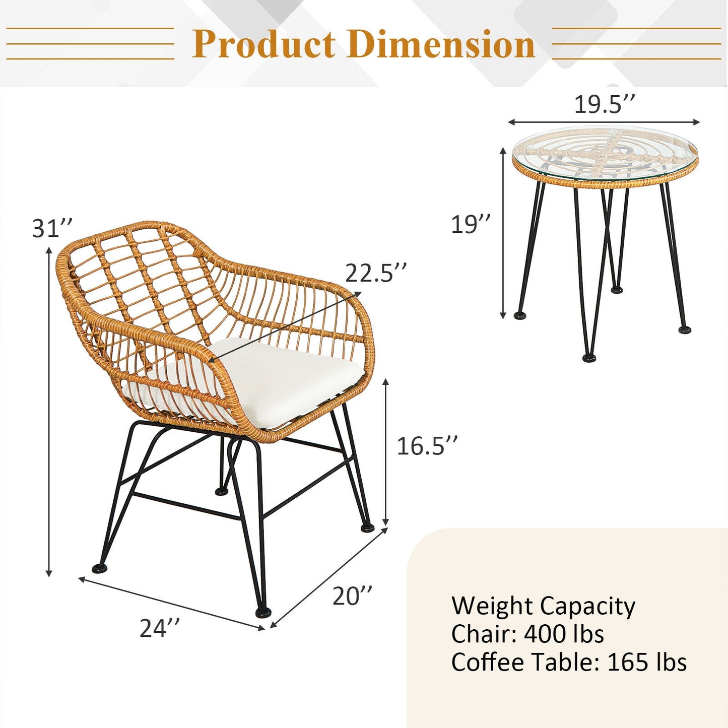 3-Piece Rattan Patio Conversation Set with Cushioned Chairs