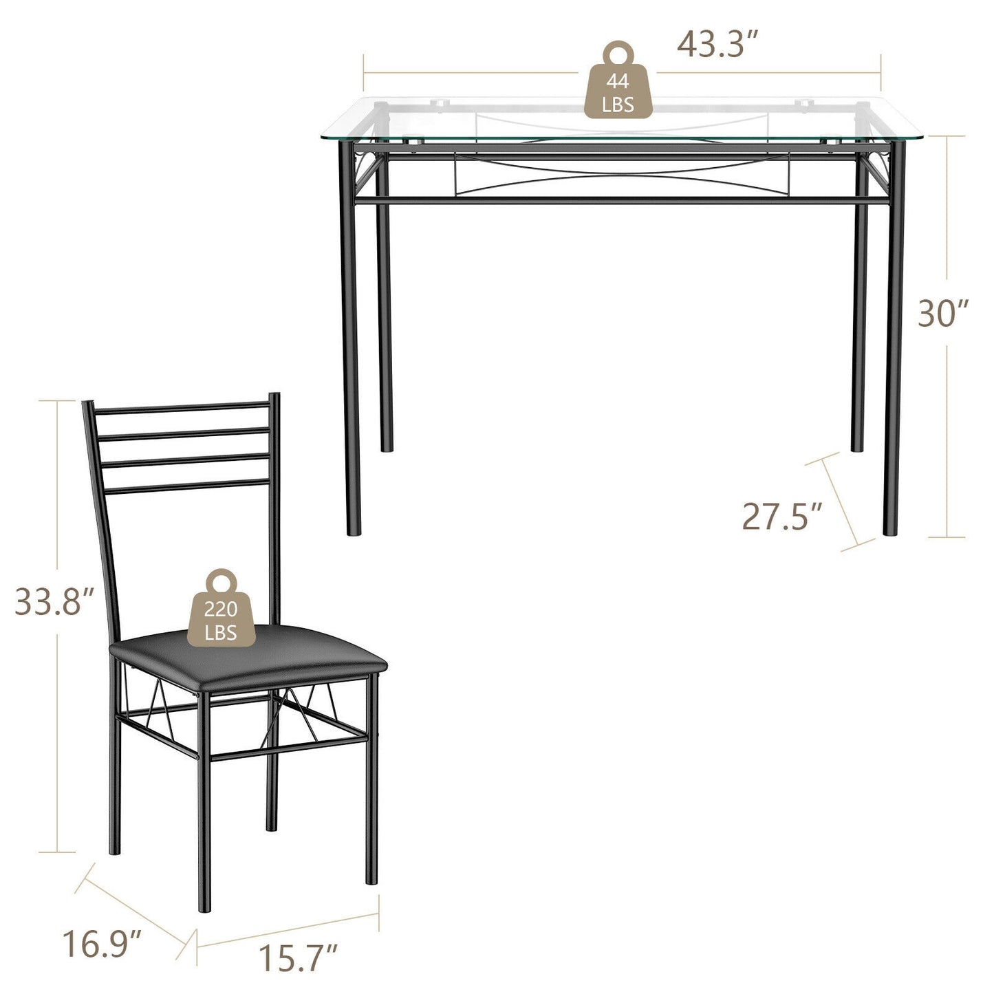 5-Piece Dining Set with Tempered Glass Table and Upholstered Chairs
