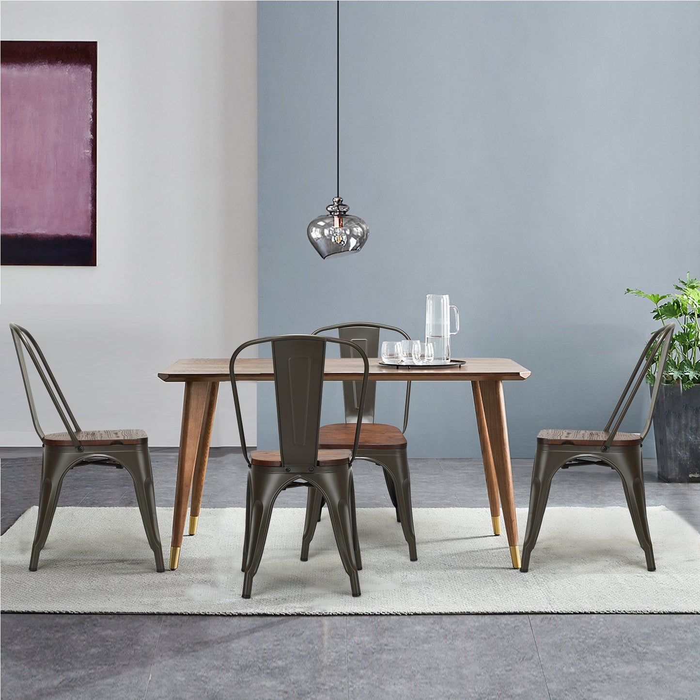 Stackable Metal Dining Chairs with Wood Seat, Set of 4