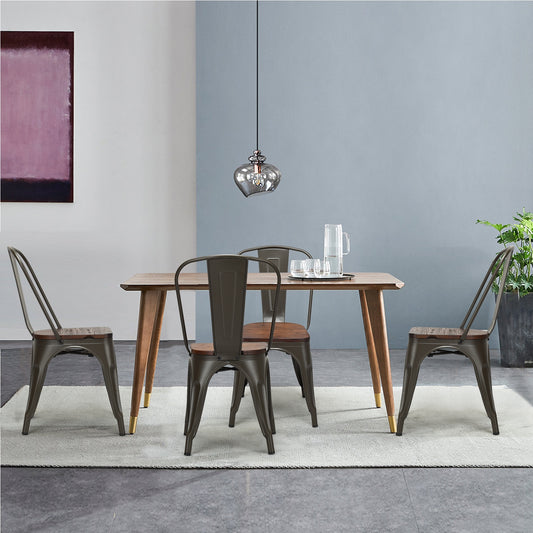 Stackable Metal Dining Chairs with Wood Seat, Set of 4