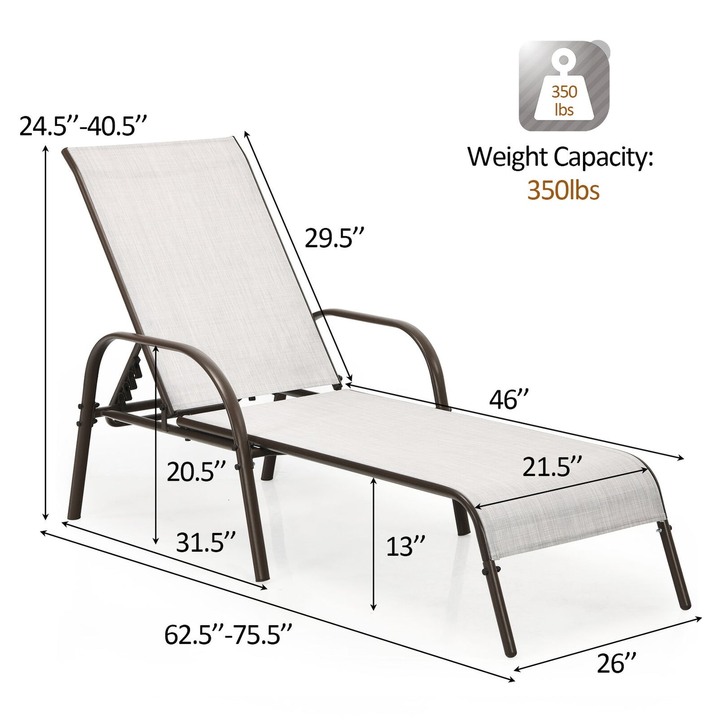 Outdoor Chaise Lounge Chairs Set of 2 with Adjustable Backrest