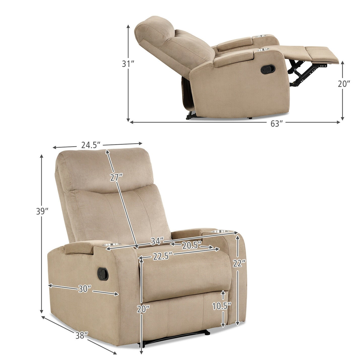 Recliner Chair with Storage Armrests and Cup Holders
