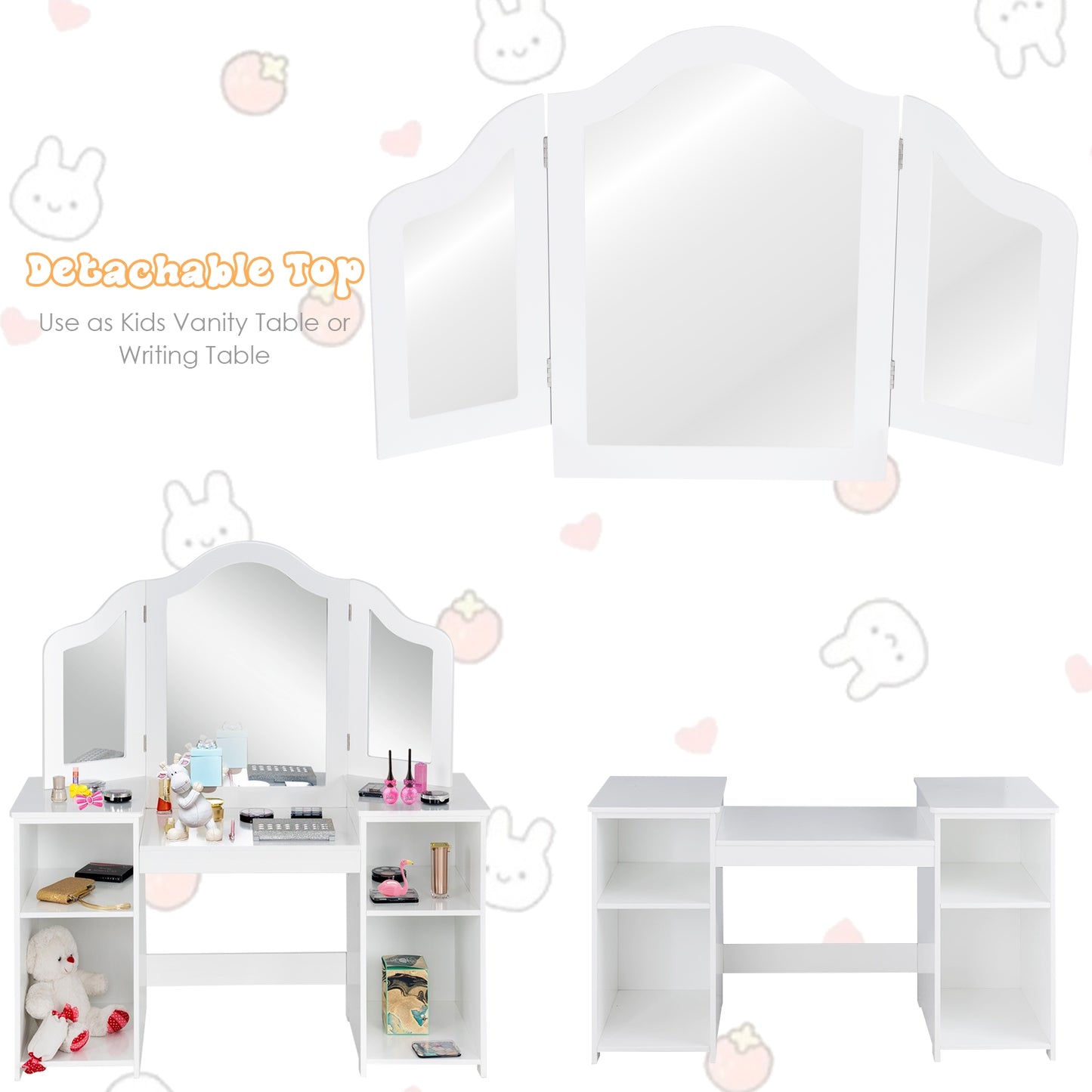 Kids Tri-Folding Mirror Vanity Table Set with Storage