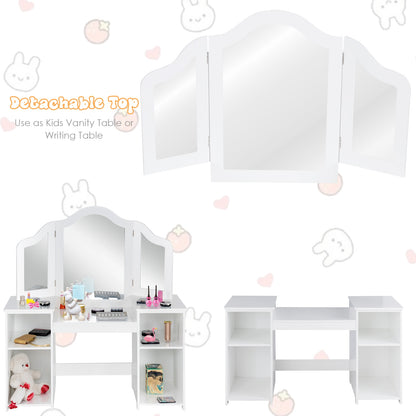 Kids Tri-Folding Mirror Vanity Table Set with Storage