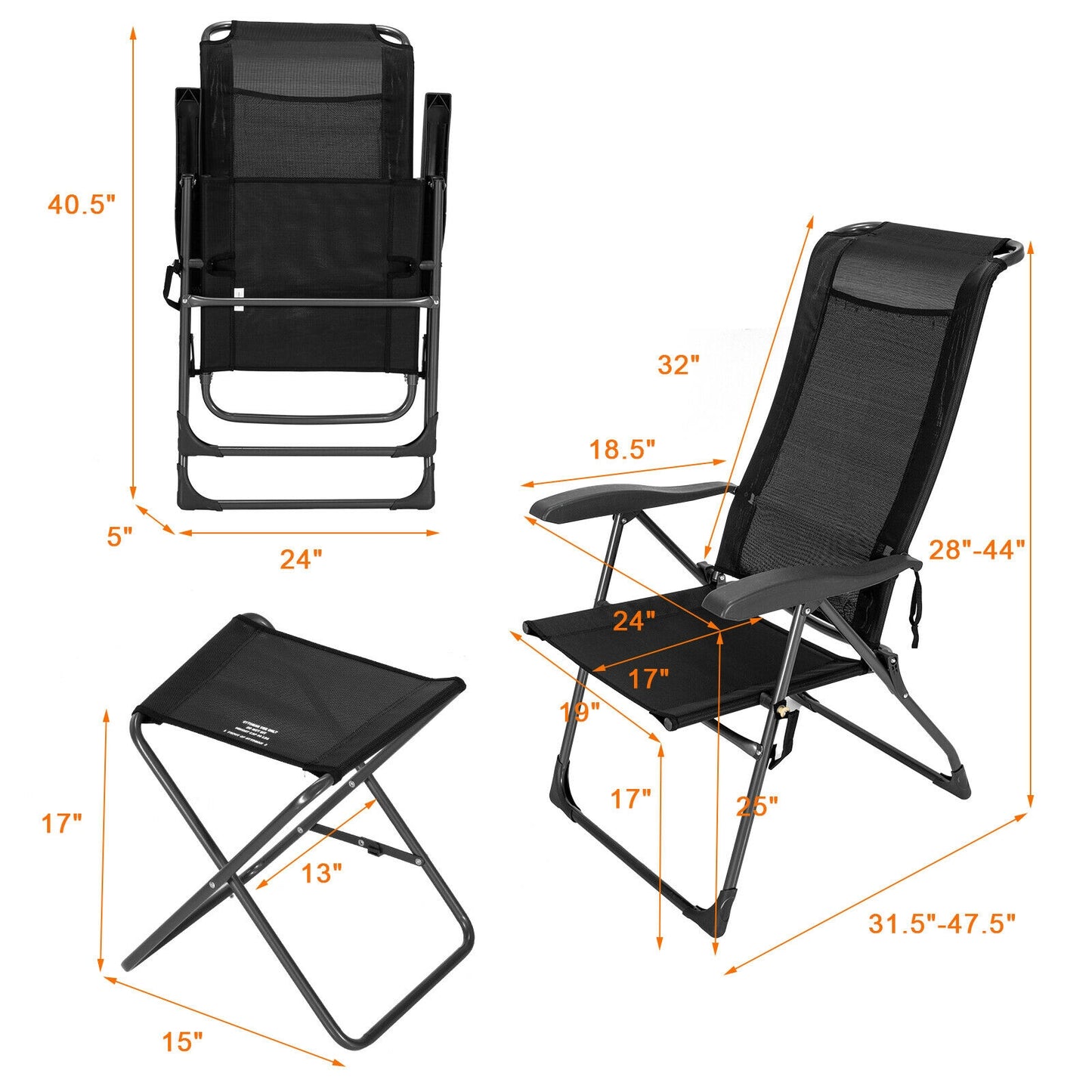 Adjustable Folding Patio Dining Chair with Ottoman Set (2-Pack)