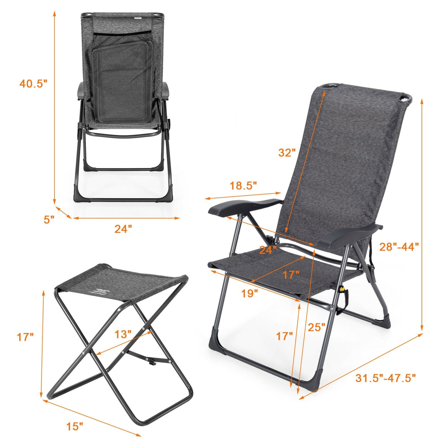 Adjustable Folding Patio Dining Chair with Ottoman Set (2-Pack)
