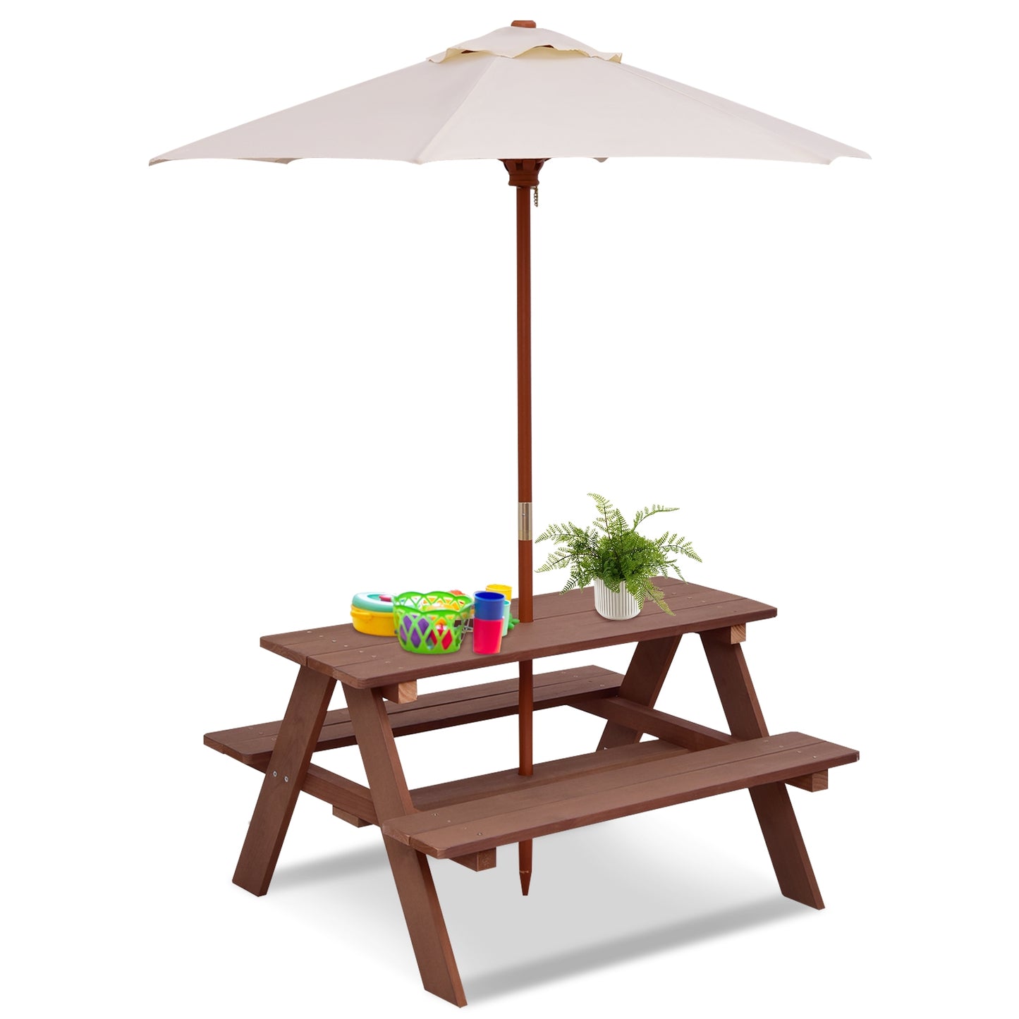 Kids Picnic Table with Umbrella - 4 Seat Outdoor Bench Set