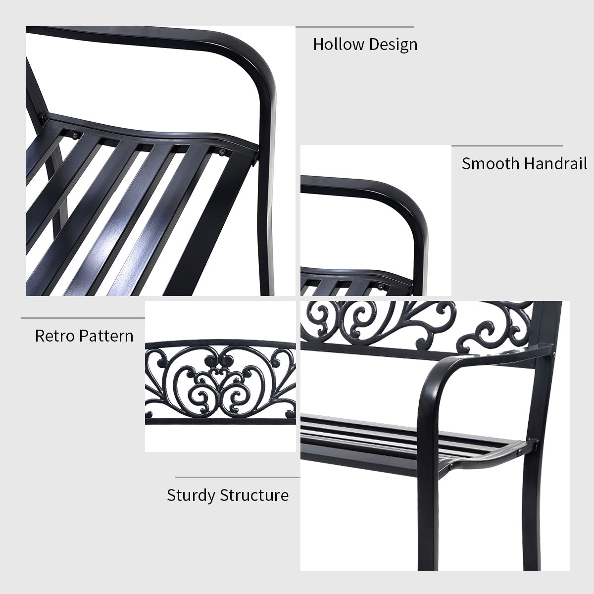 50-Inch Steel Frame Patio Bench with Cast Iron Backrest