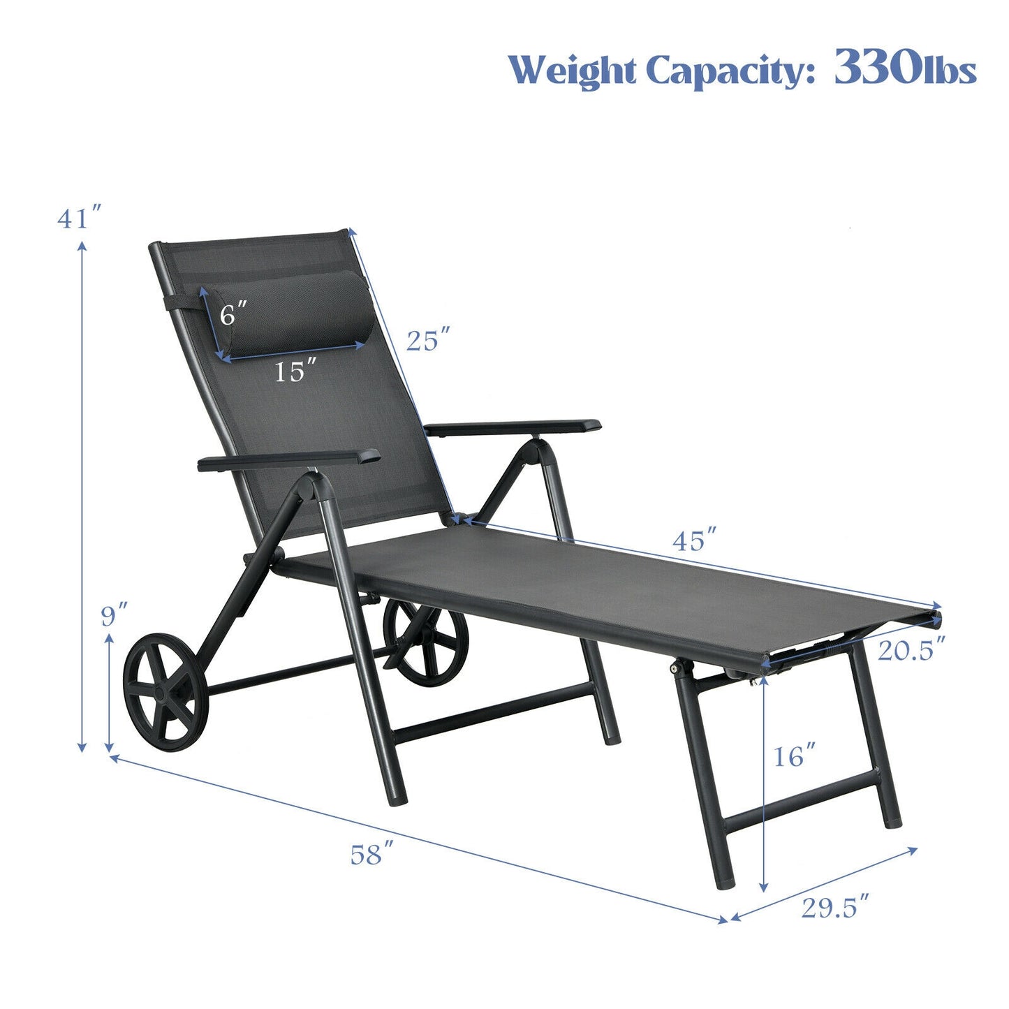 Adjustable Patio Lounge Chair with Wheels and Neck Pillow