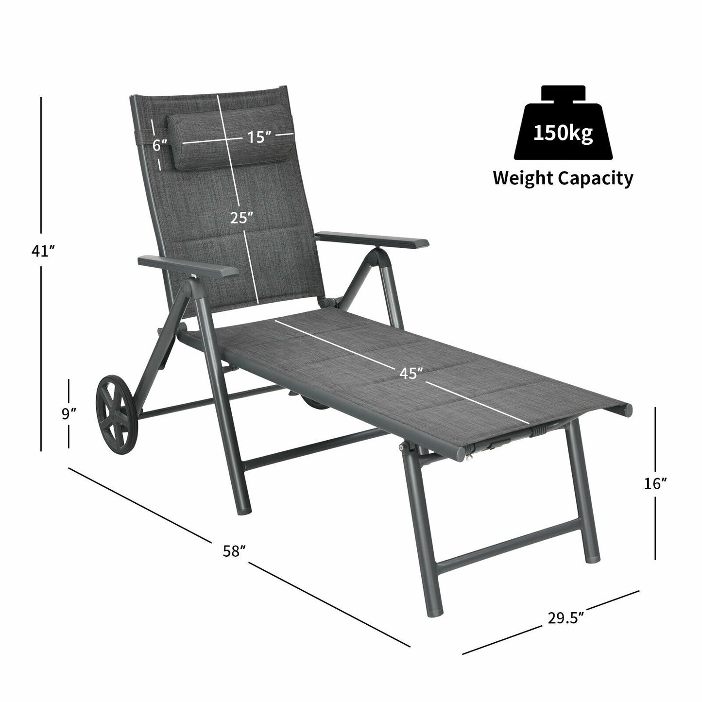 Reclining Patio Chaise Lounge with Adjustable Backrest & Wheels