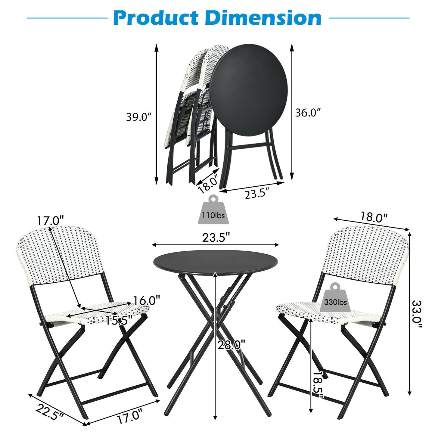 3-Piece Patio Bistro Set with Folding Table and Chairs