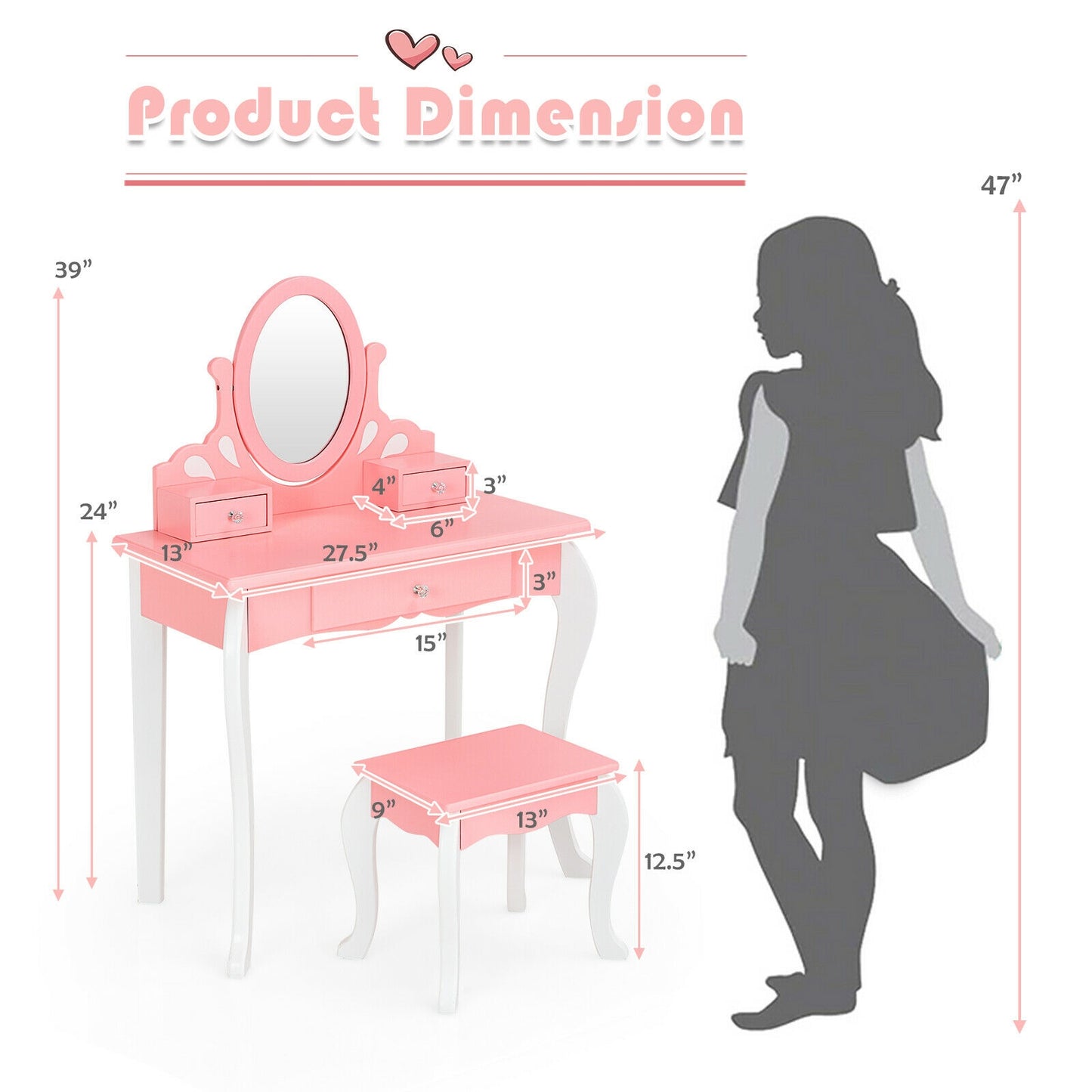Kids Vanity Table Set with Mirror, Drawer & Stool - Pink