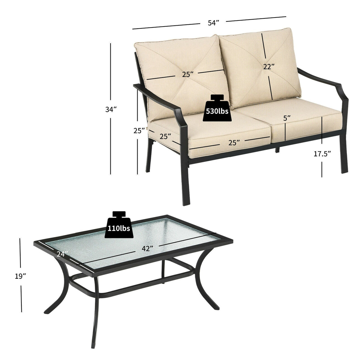 2 Pieces Patio Outdoor Cushioned Sofa Bench with Coffee Table-Beige