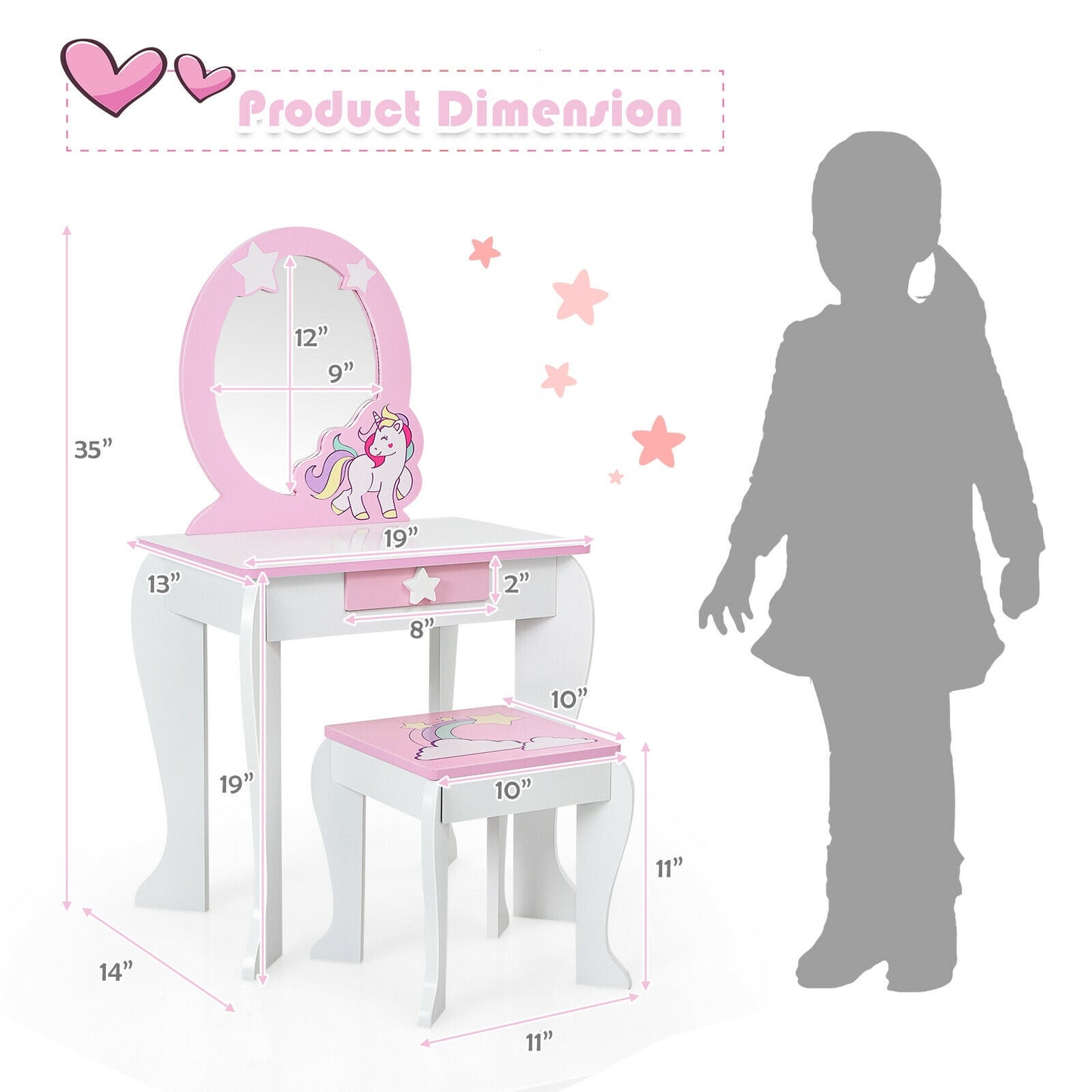 Kids Wooden Vanity Table and Chair Set with Mirror and Drawer