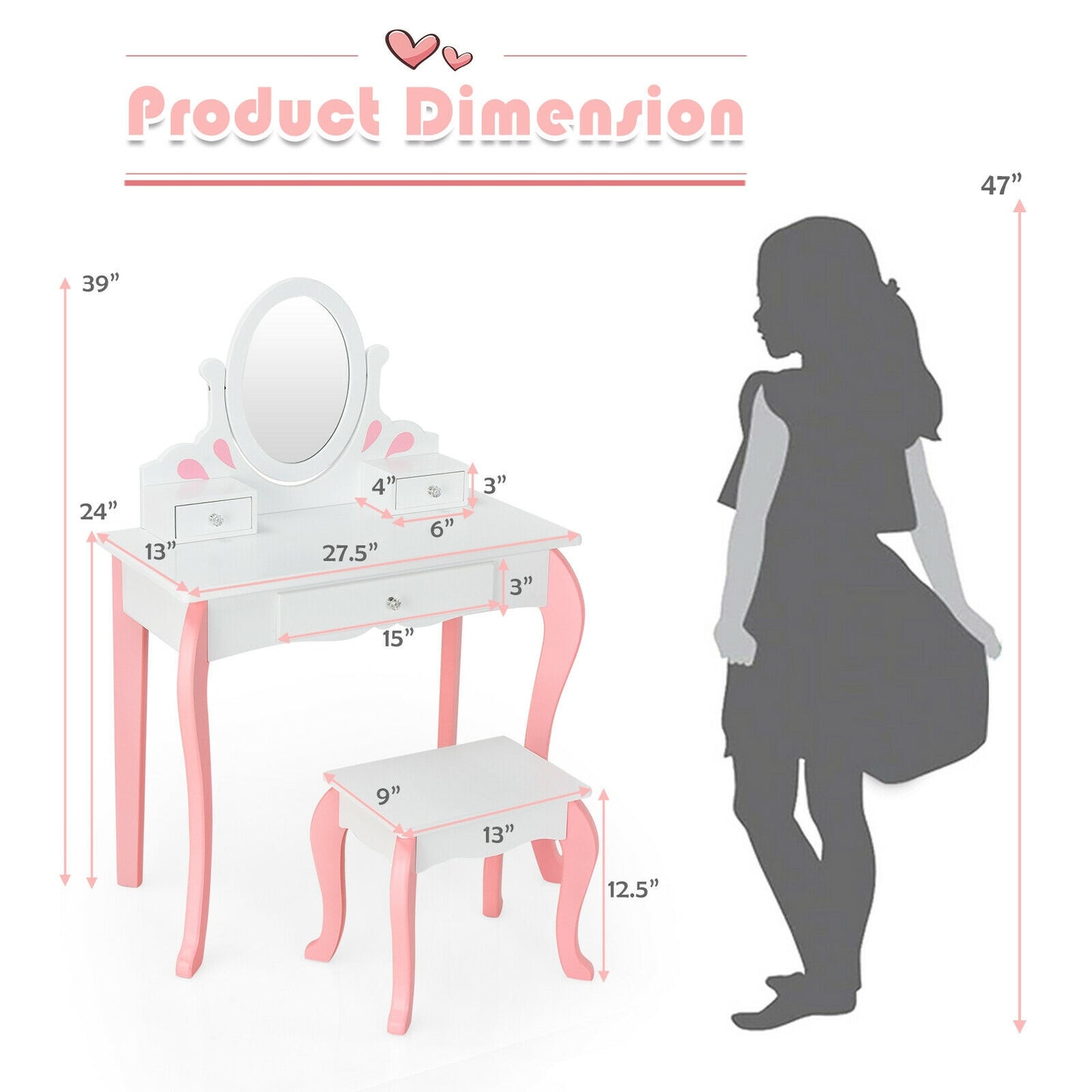Kids Vanity Table Set with Mirror, Drawer & Stool - Pink