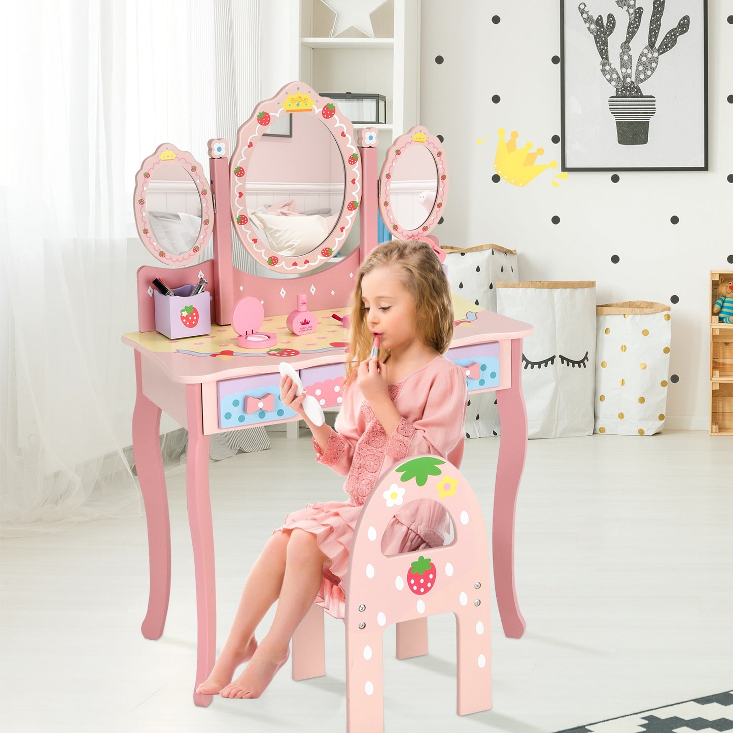 Kids Vanity Table Set with Tri-Fold Mirror and Chair