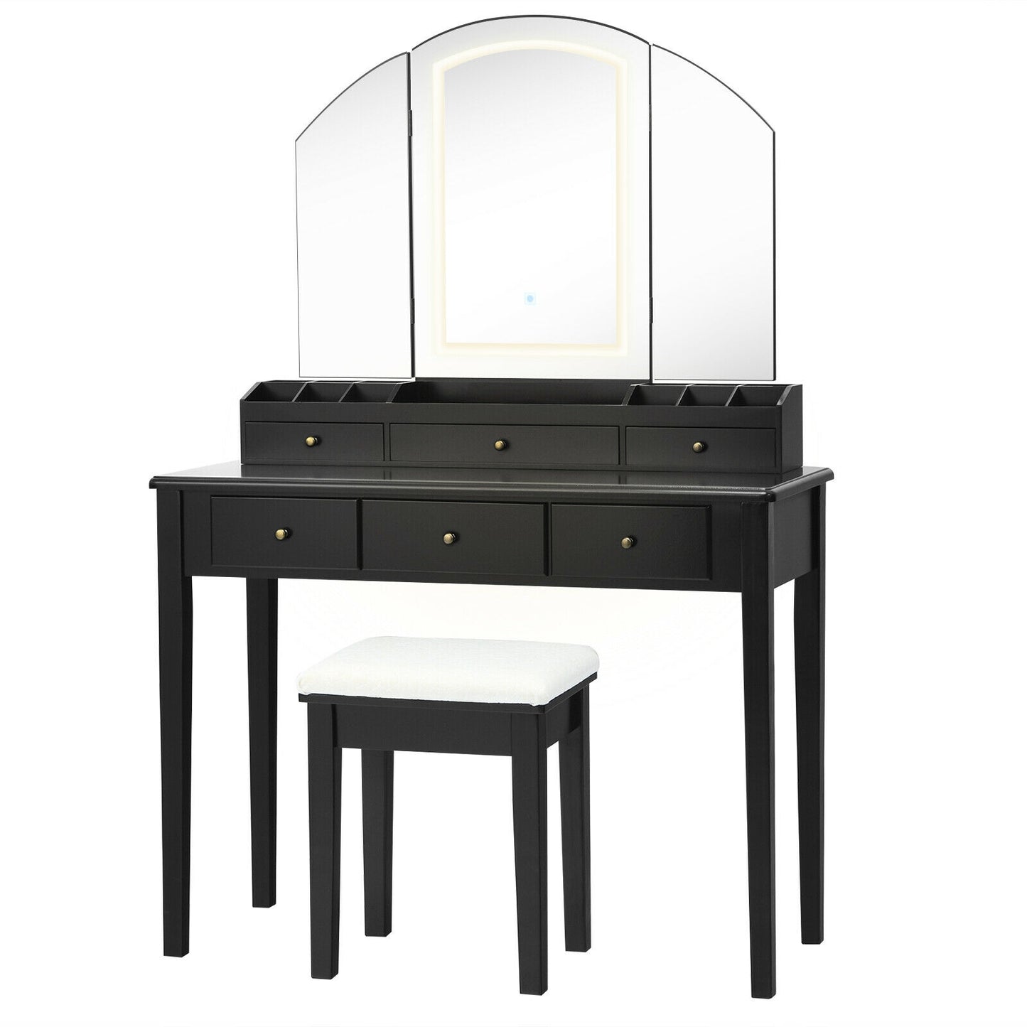 Tri-Fold Lighted Makeup Vanity Table with Stool Set