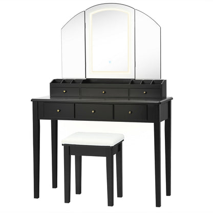 Tri-Fold Lighted Makeup Vanity Table with Stool Set