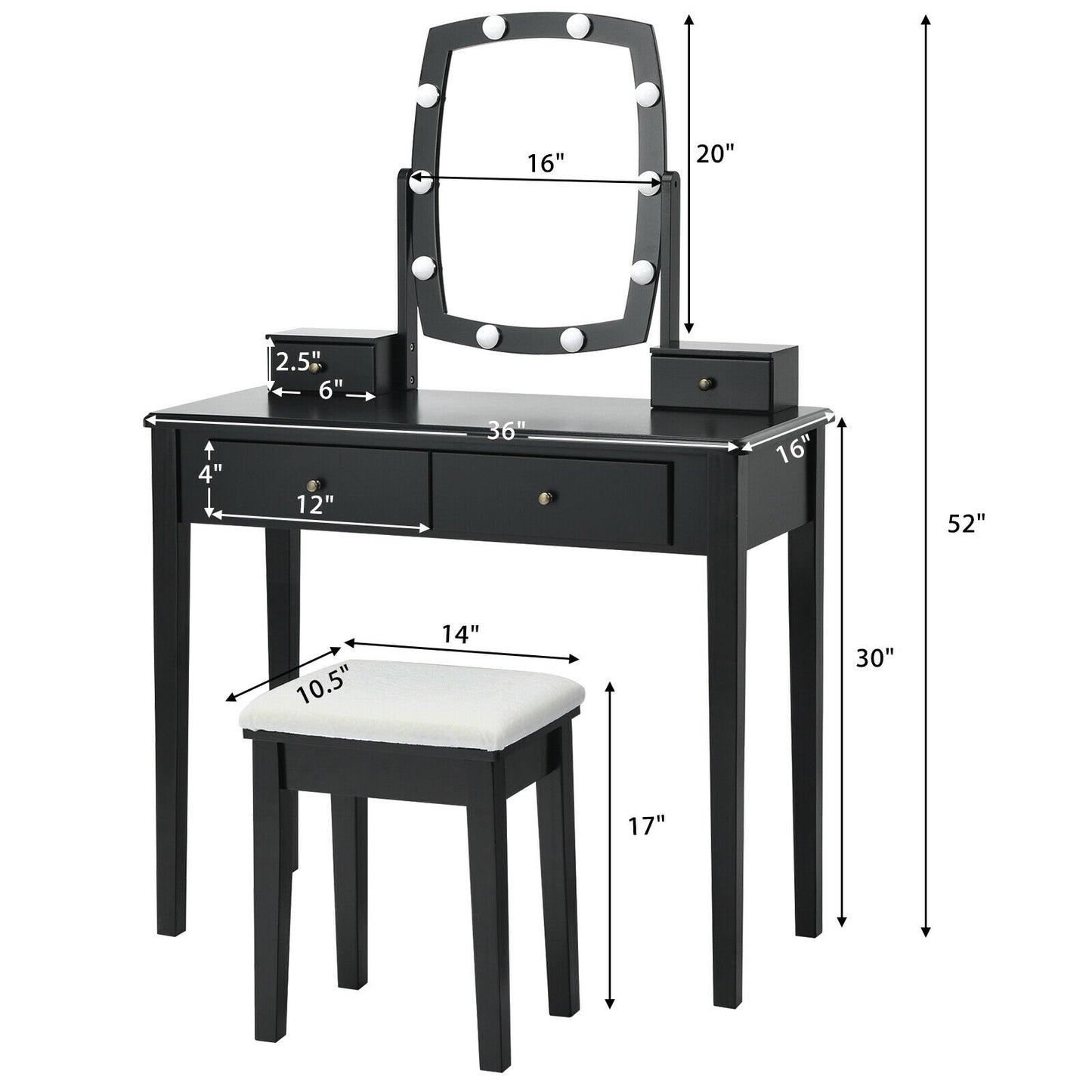 Lighted Vanity Table Set with Mirror and Stool