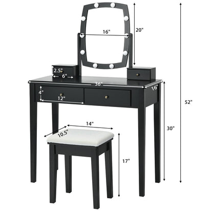 Lighted Vanity Table Set with Mirror and Stool