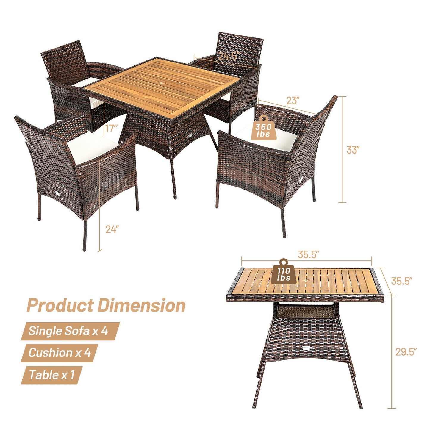 5-Piece Patio Dining Set with Rattan Chairs & Wood Table