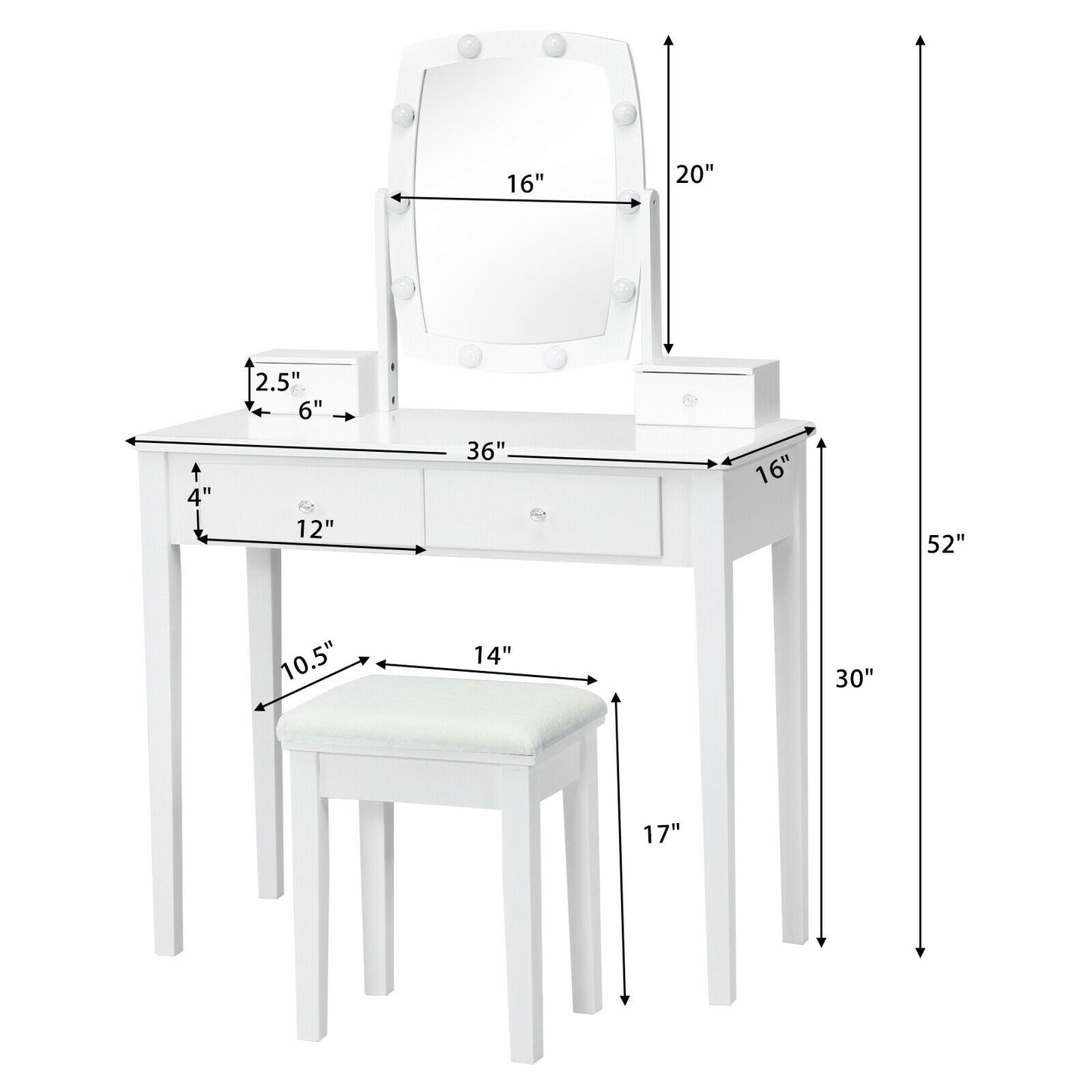 Lighted Vanity Table Set with Mirror and Stool