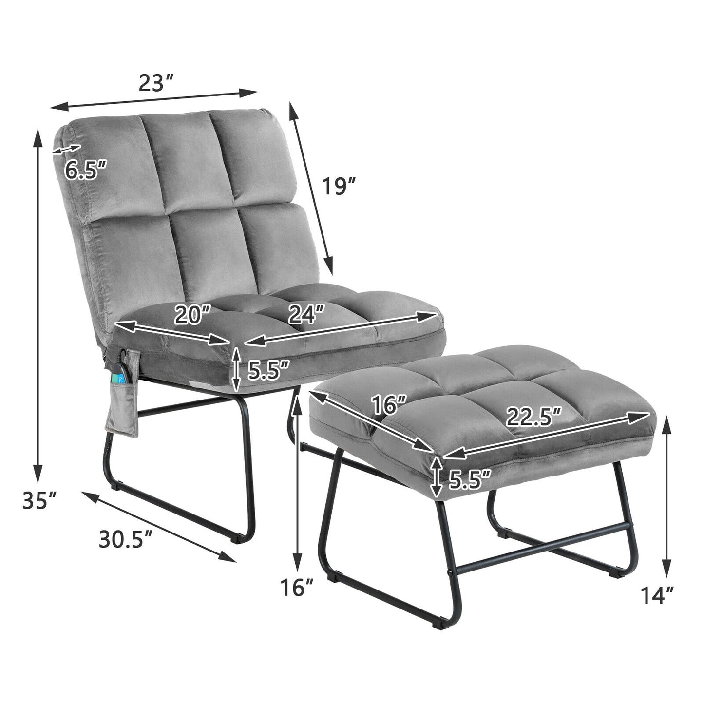 Velvet Massage Recliner Chair with Ottoman and Remote Control
