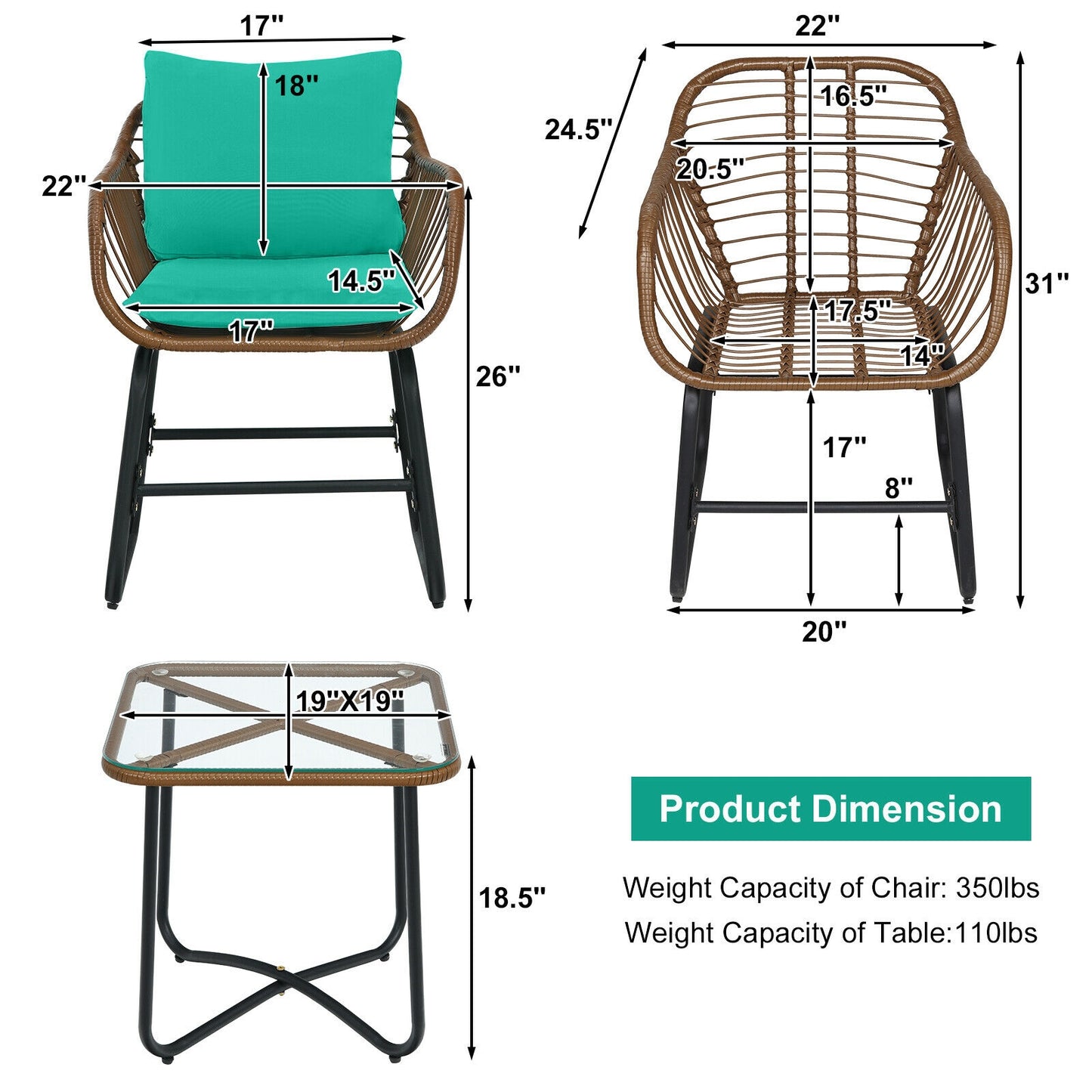 3-Piece Rattan Bistro Set with Cushioned Chairs & Glass Table