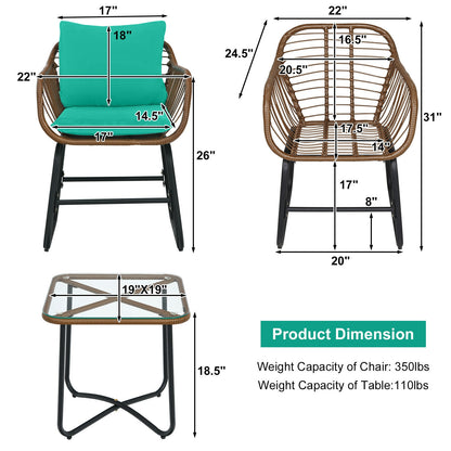 3-Piece Rattan Bistro Set with Cushioned Chairs & Glass Table