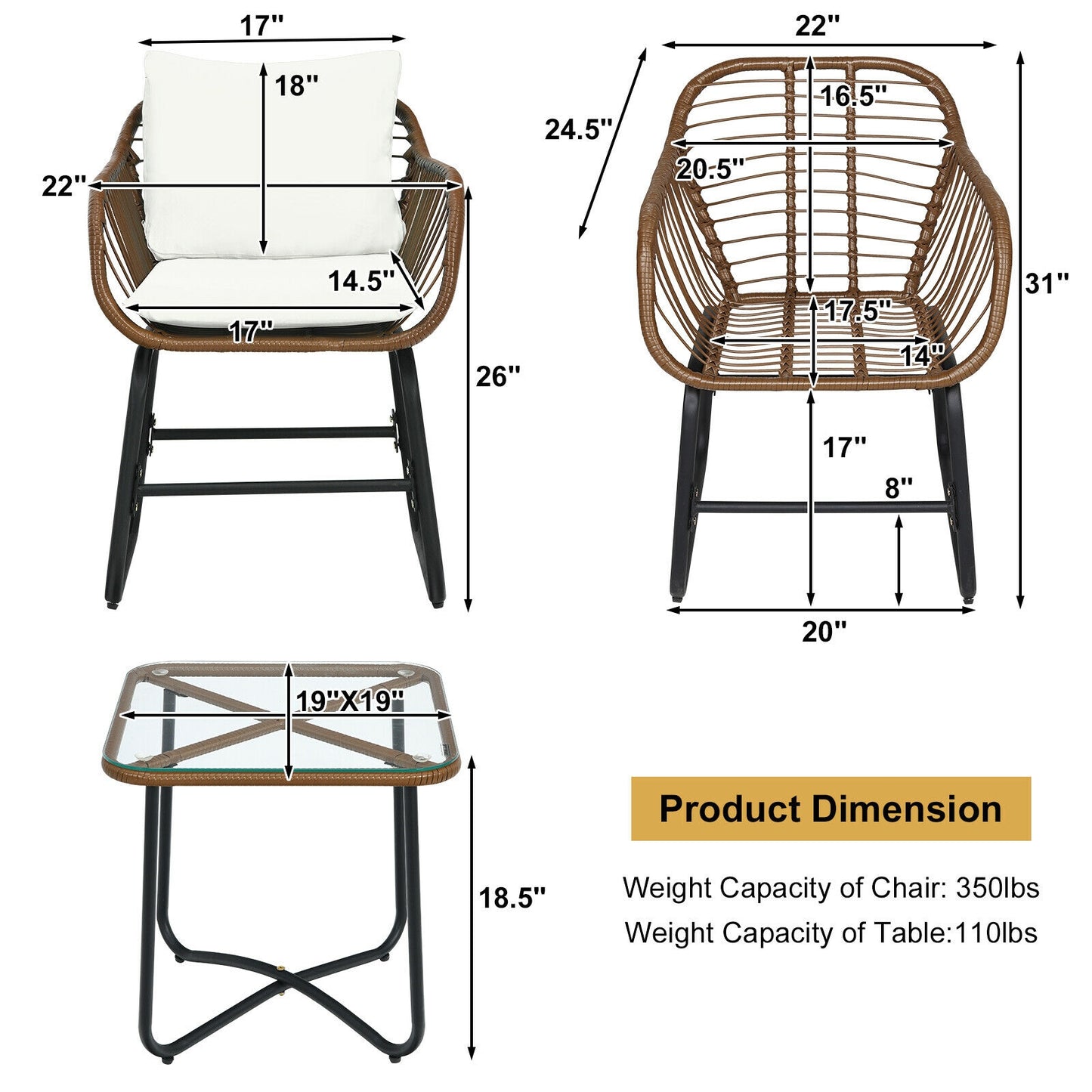 3-Piece Rattan Bistro Set with Cushioned Chairs & Glass Table