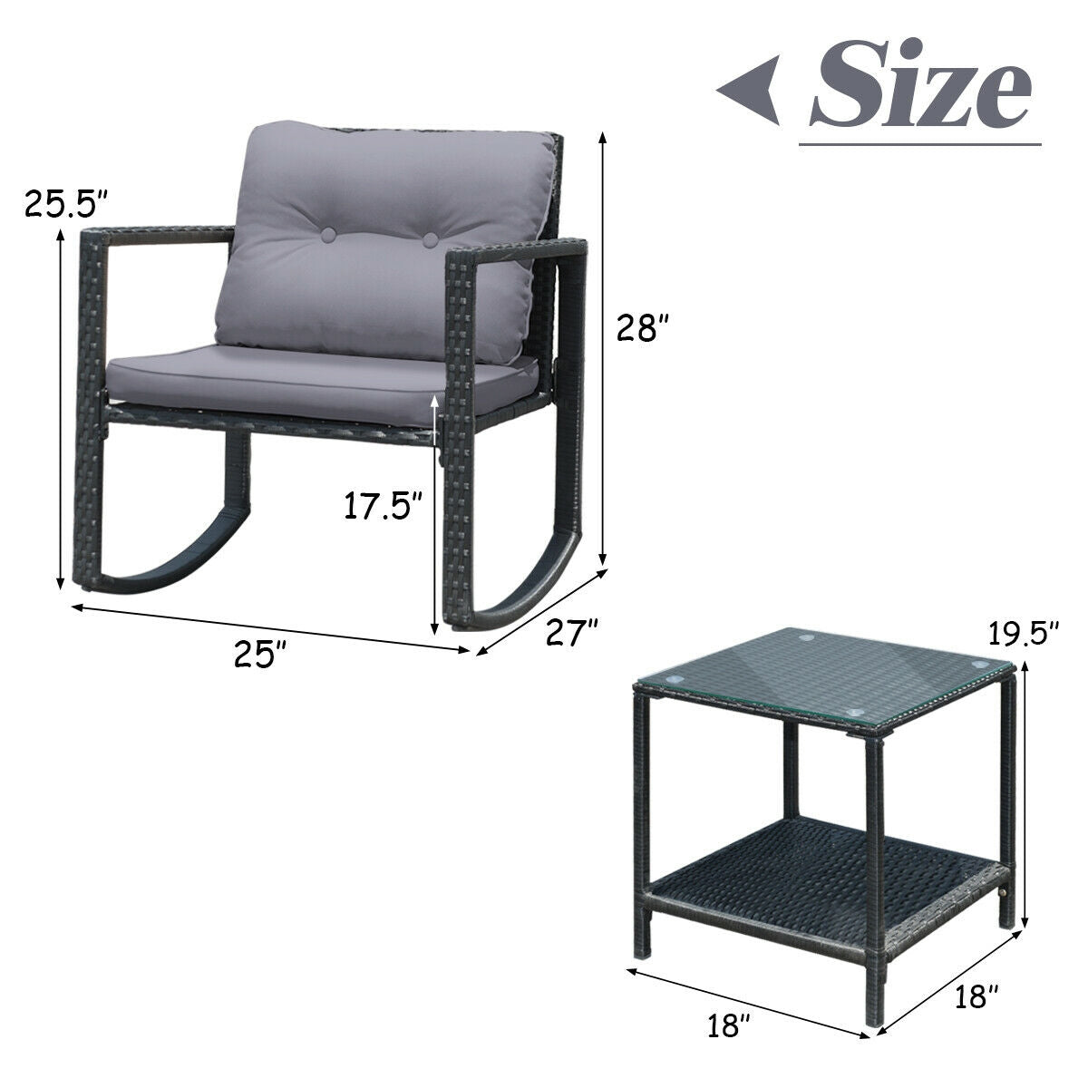 3-Piece Patio Rocking Chair Set with Cushions & Glass Table