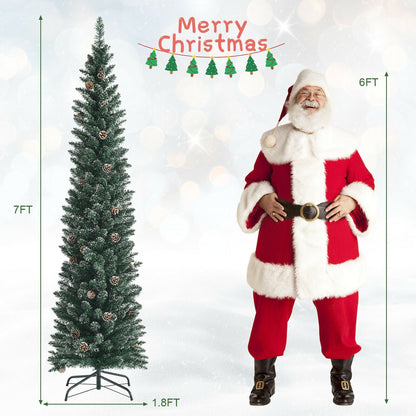 Snowy Artificial Pencil Christmas Tree with Pine Cones
