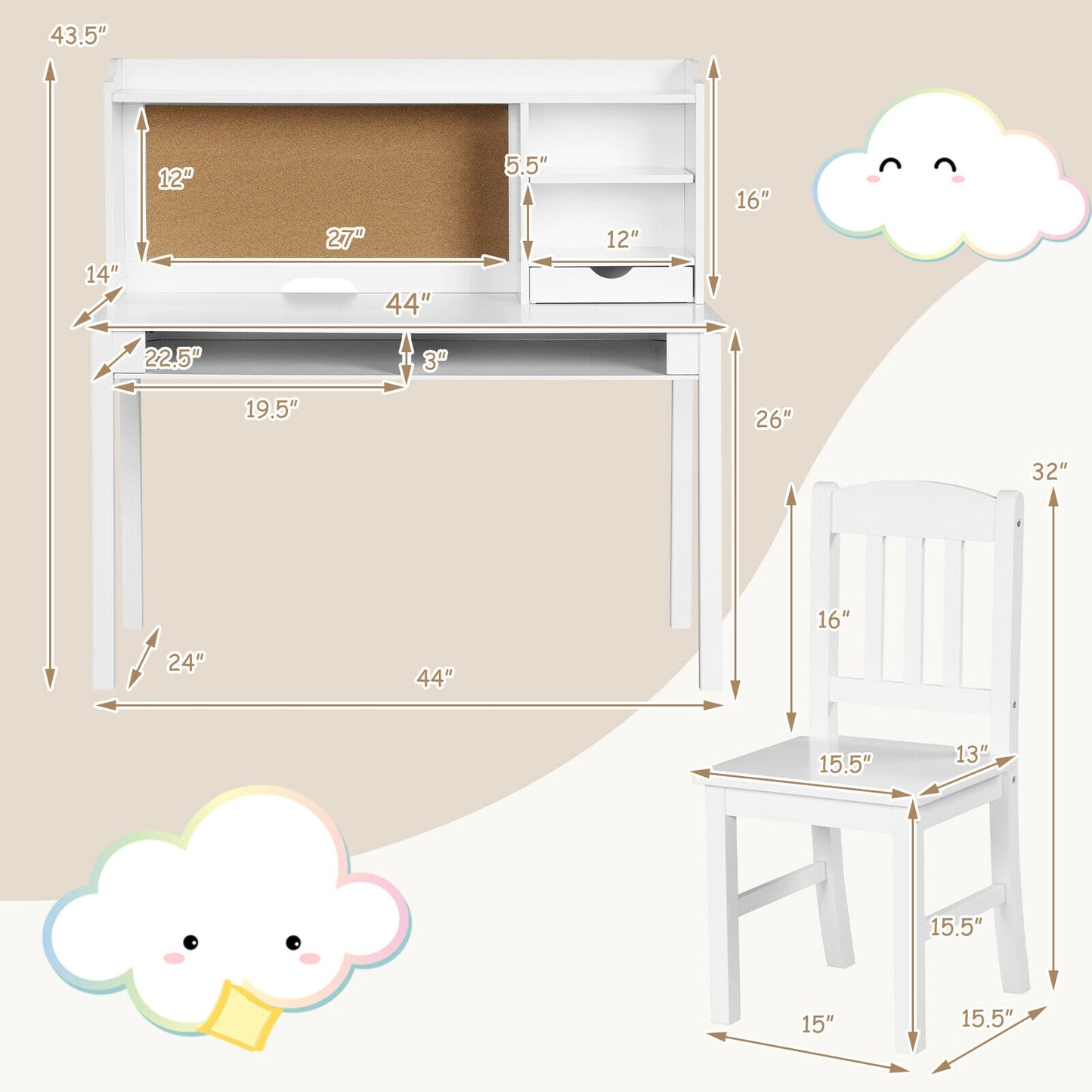 Kids Desk and Chair Set with Hutch and Storage Shelves