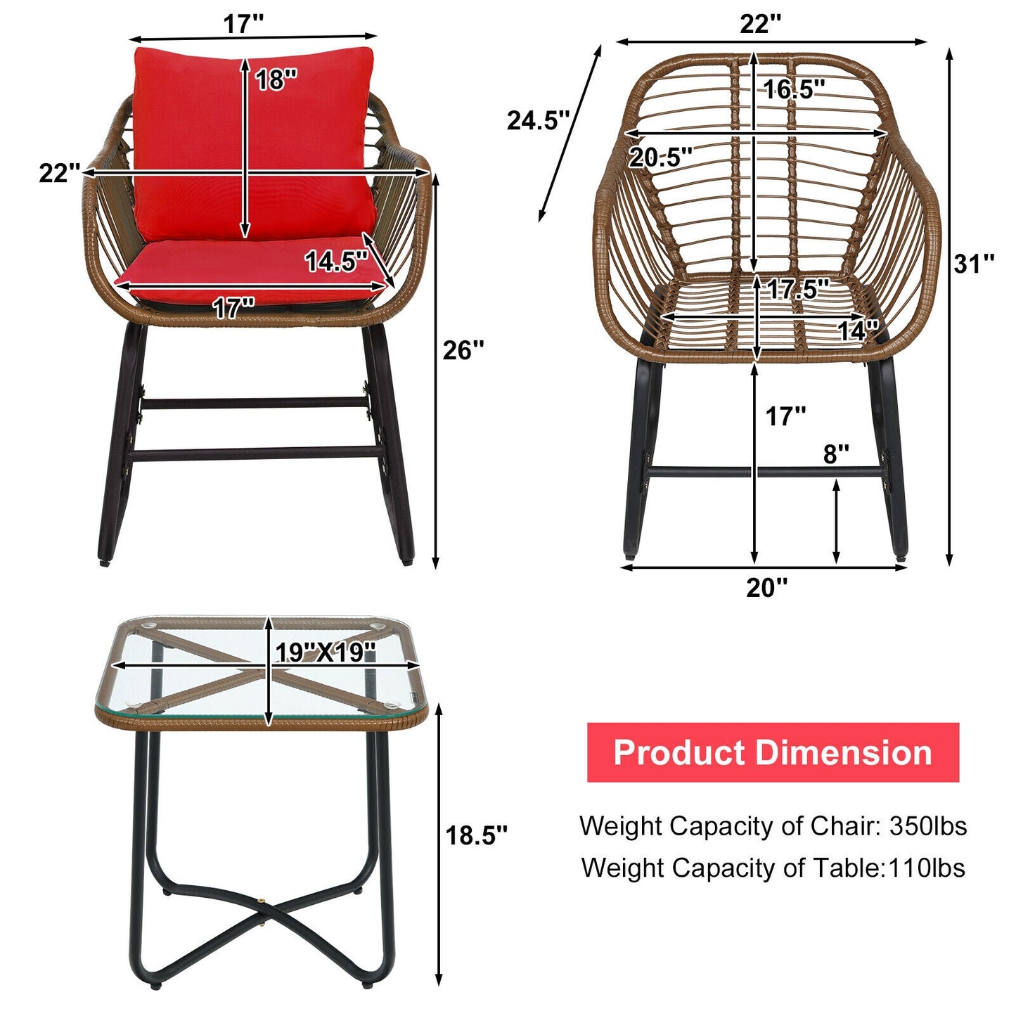 3-Piece Rattan Bistro Set with Cushioned Chairs & Glass Table