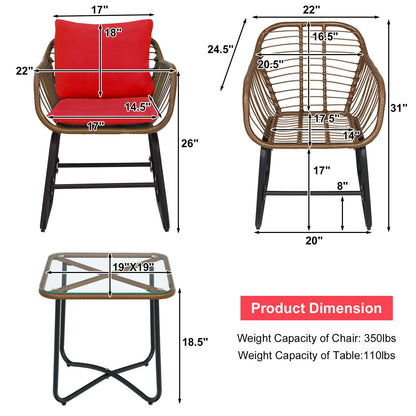 3-Piece Rattan Bistro Set with Cushioned Chairs & Glass Table