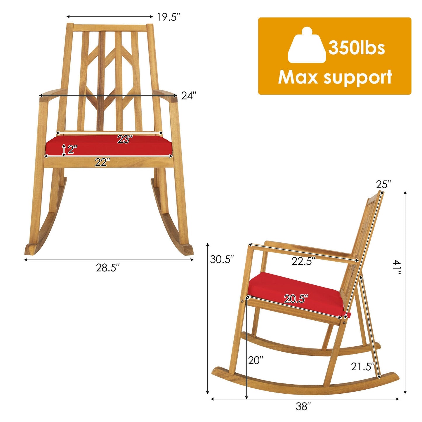 Acacia Wood Patio Rocking Chair with Cushion and Armrests