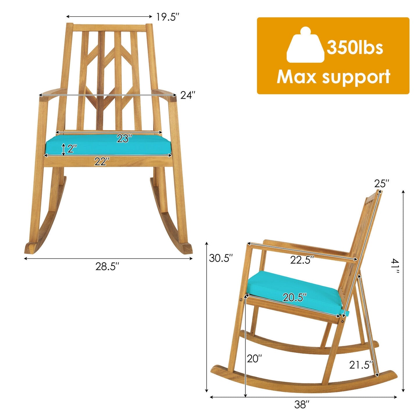 Acacia Wood Patio Rocking Chair with Cushion and Armrests