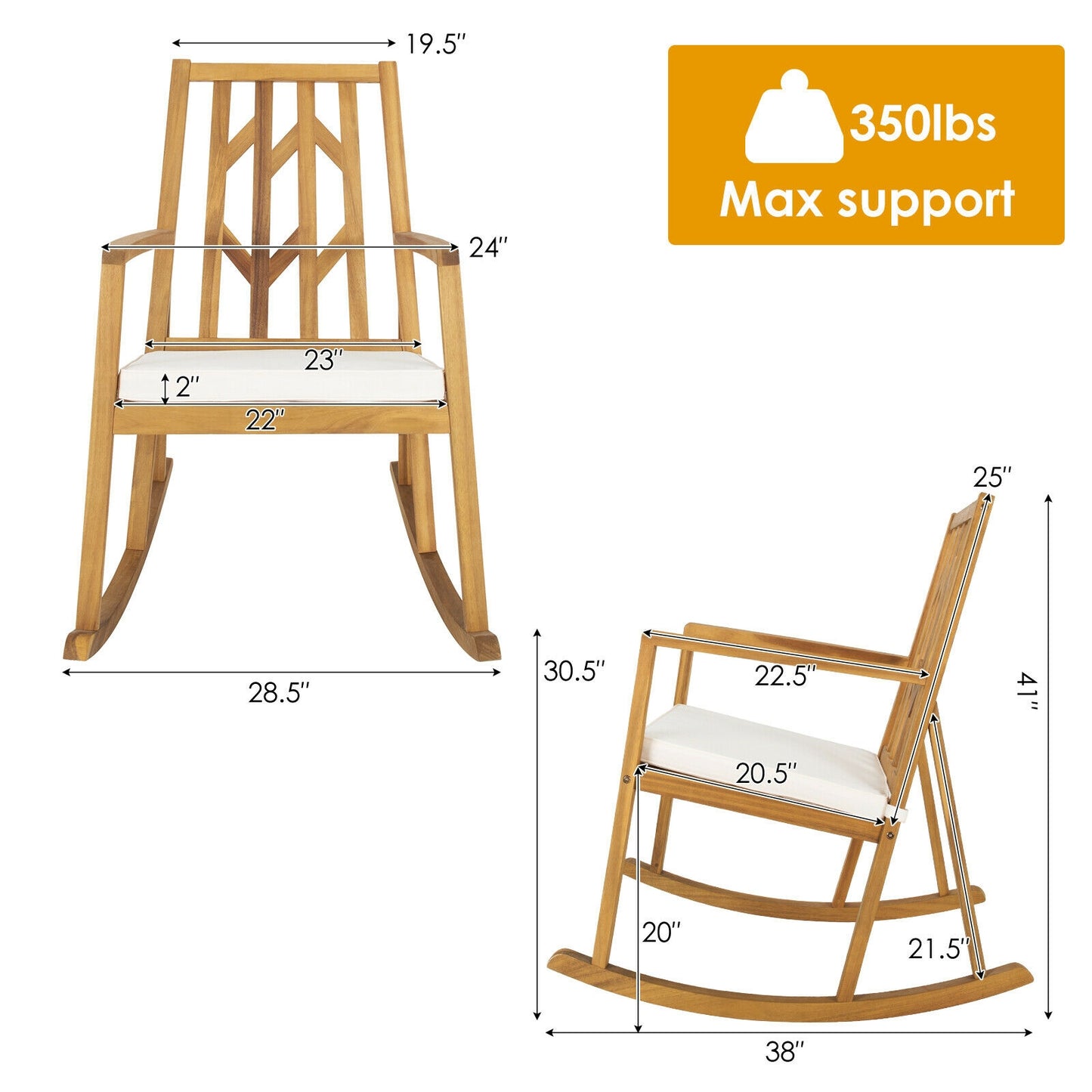 Acacia Wood Patio Rocking Chair with Cushion and Armrests