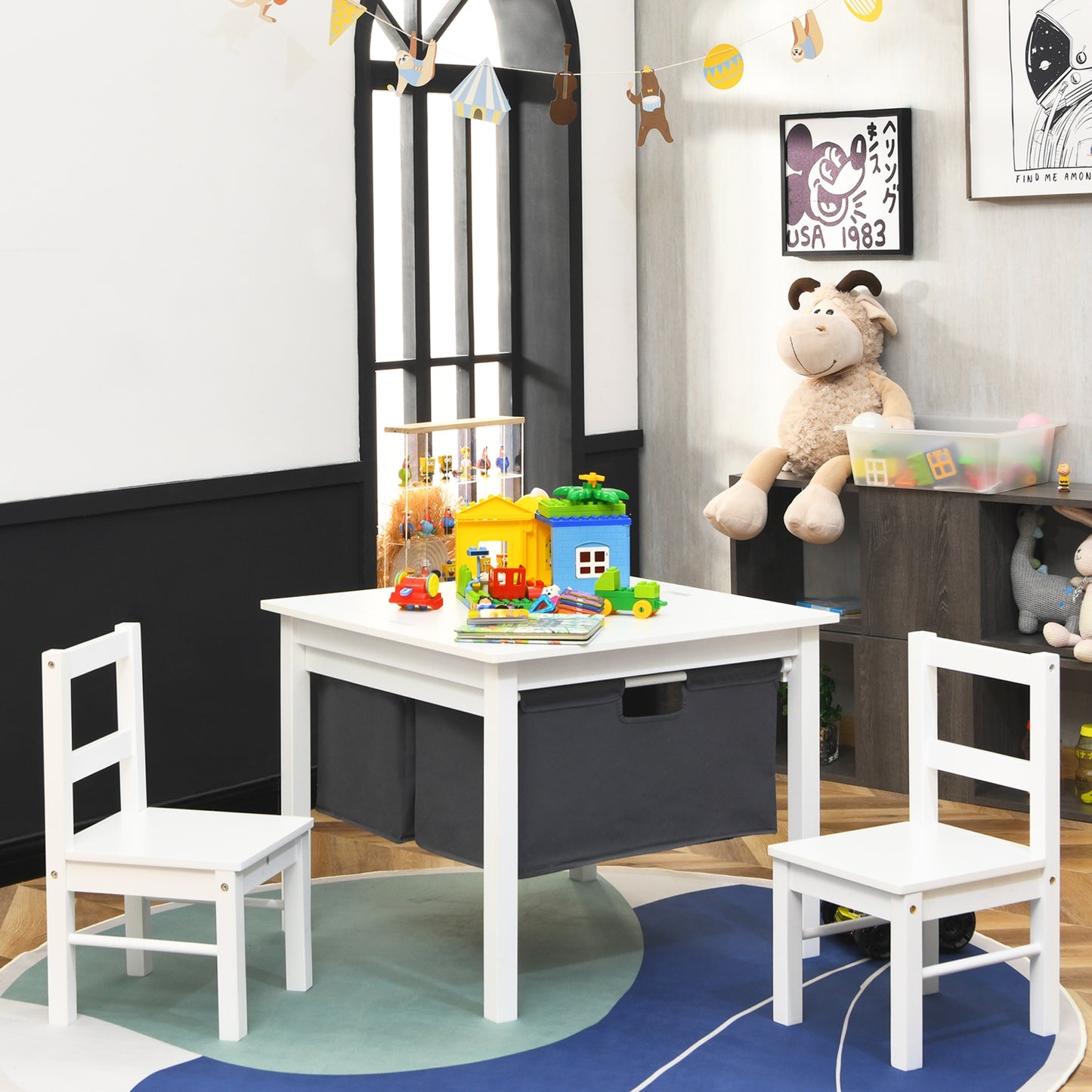 Kids Activity Table and 2 Chairs Set with Storage Drawers