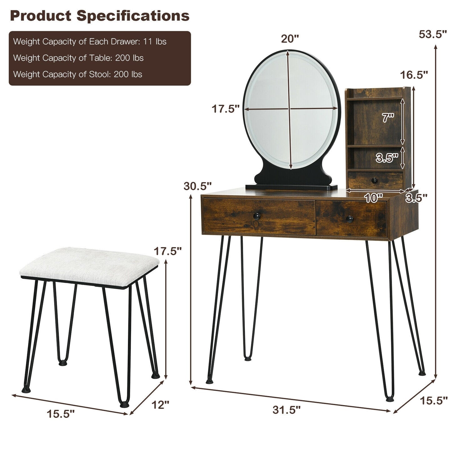 Vanity Table Set with Lighted Mirror and Cushioned Stool