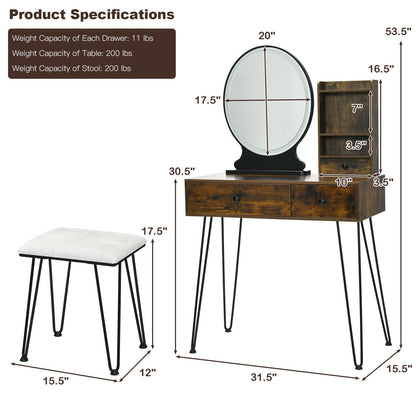 Vanity Table Set with Lighted Mirror and Cushioned Stool