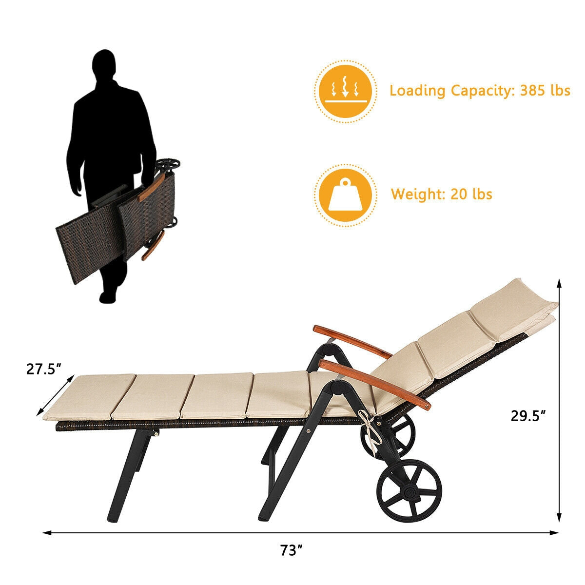 Adjustable Rattan Chaise Lounge Chair with Cushion