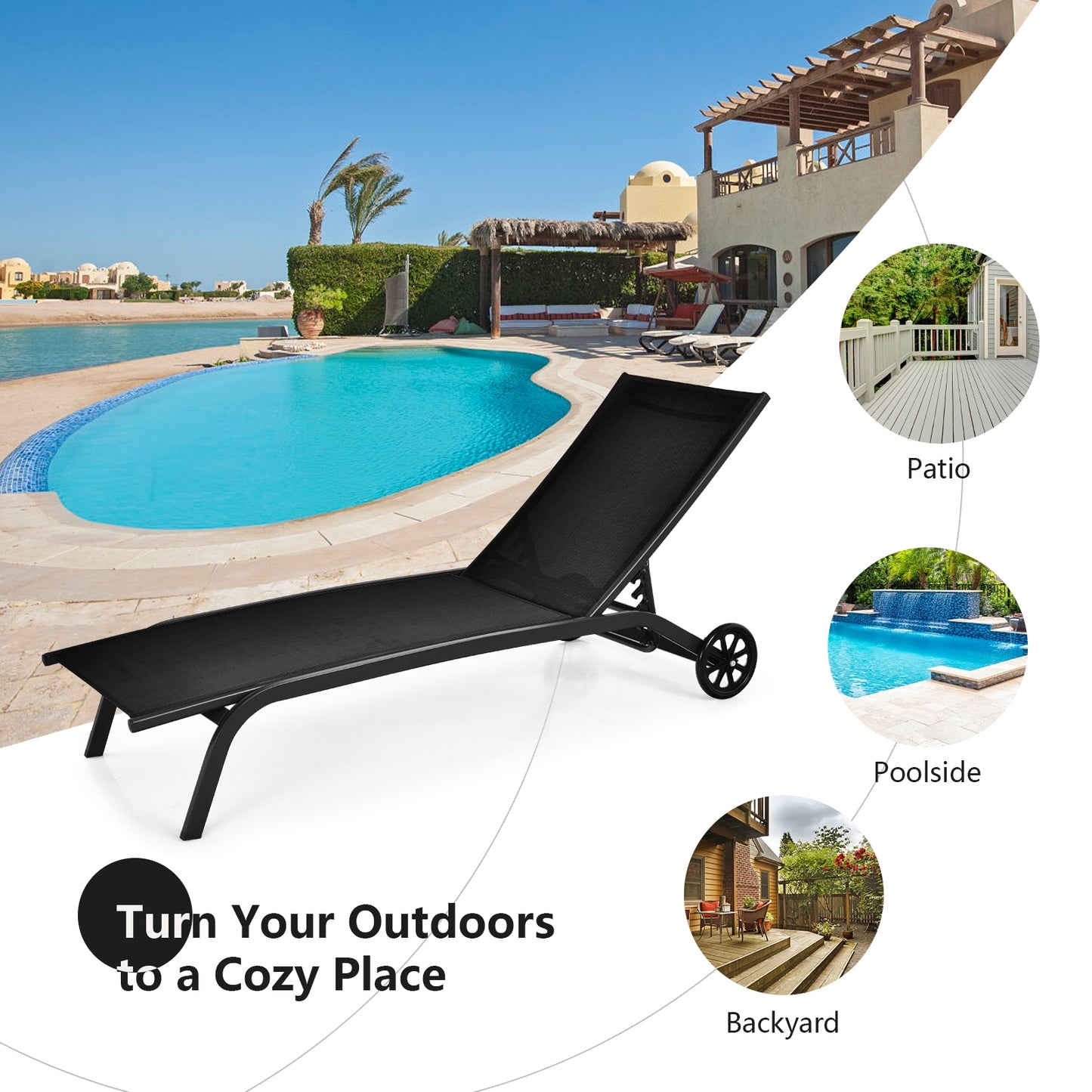 Adjustable Outdoor Chaise Lounge with Wheels - 6 Positions