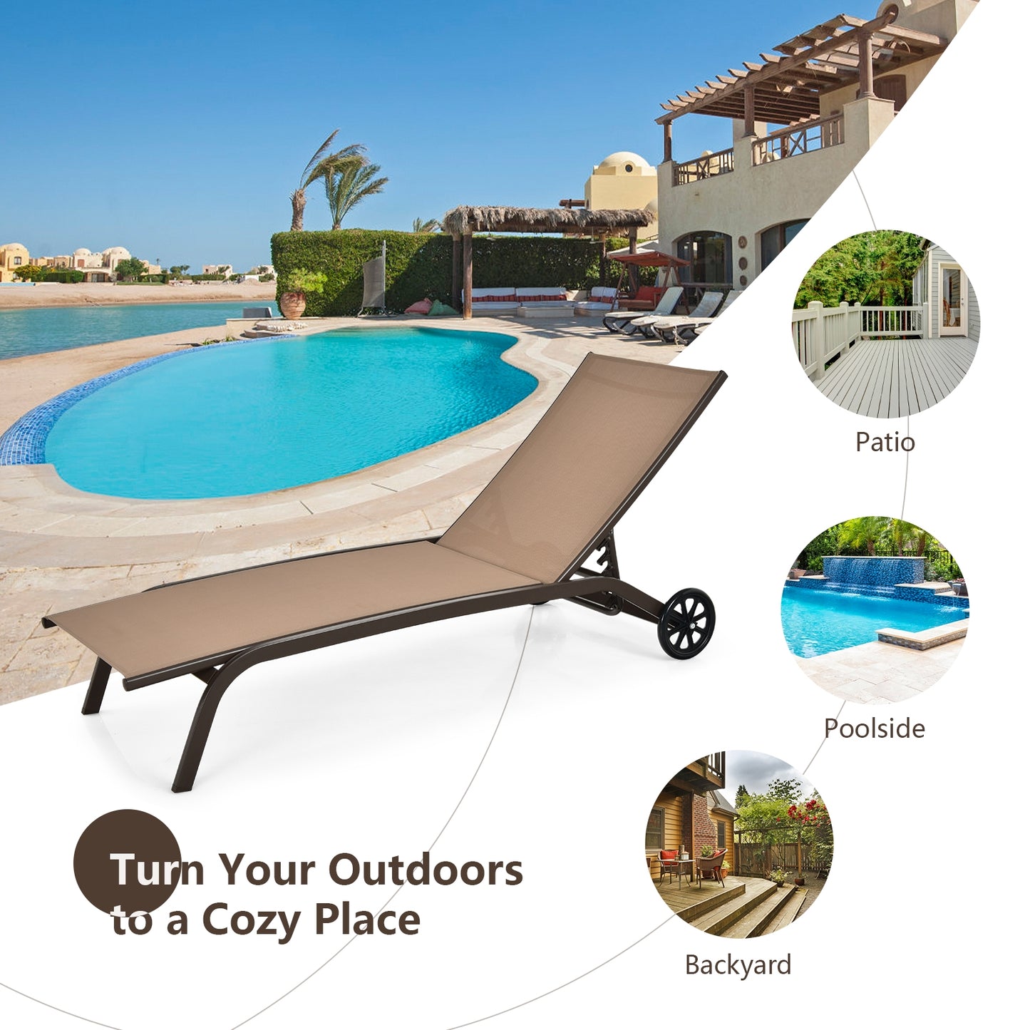 Adjustable Outdoor Chaise Lounge with Wheels - 6 Positions